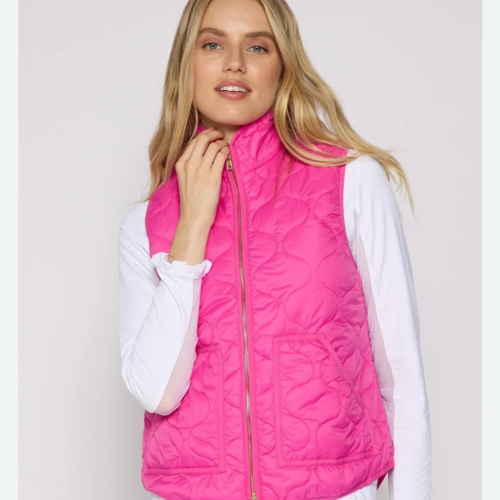 NWT Gottex Bright Pink Quilted Vest Hot Pink Full Zip, Two pockets front size L